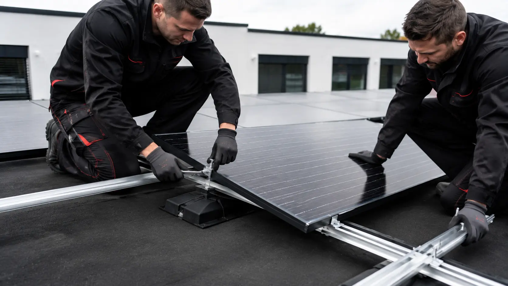 Zwei Monteure befestigen ein Photovoltaikmodul auf der Unterkonstruktion eines Flachdachs