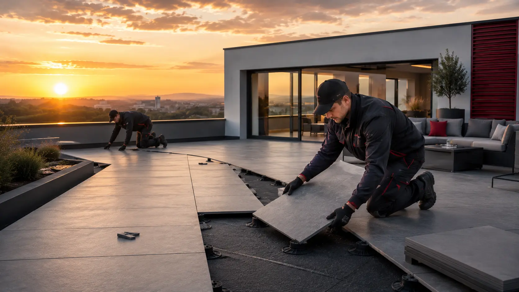 Fertige Dachterrasse mit großformatigem Plattenbelag und Pflanzflächen