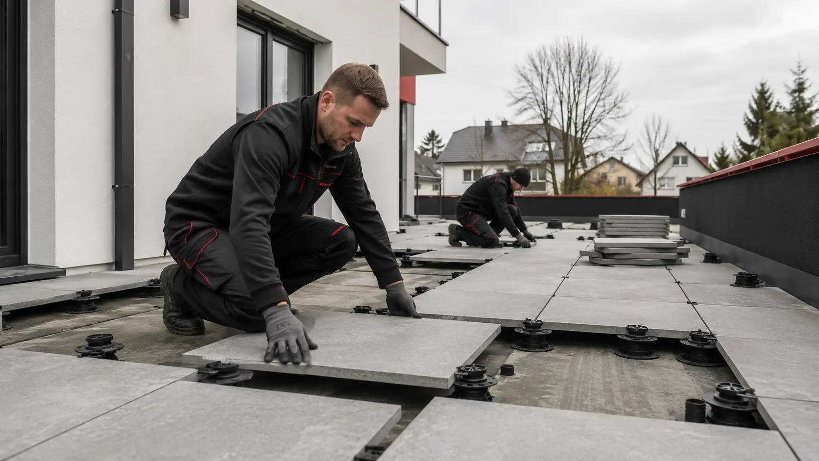 Zwei Monteure verlegen Plattenbelag auf Stelzlagern auf einer Dachterrasse