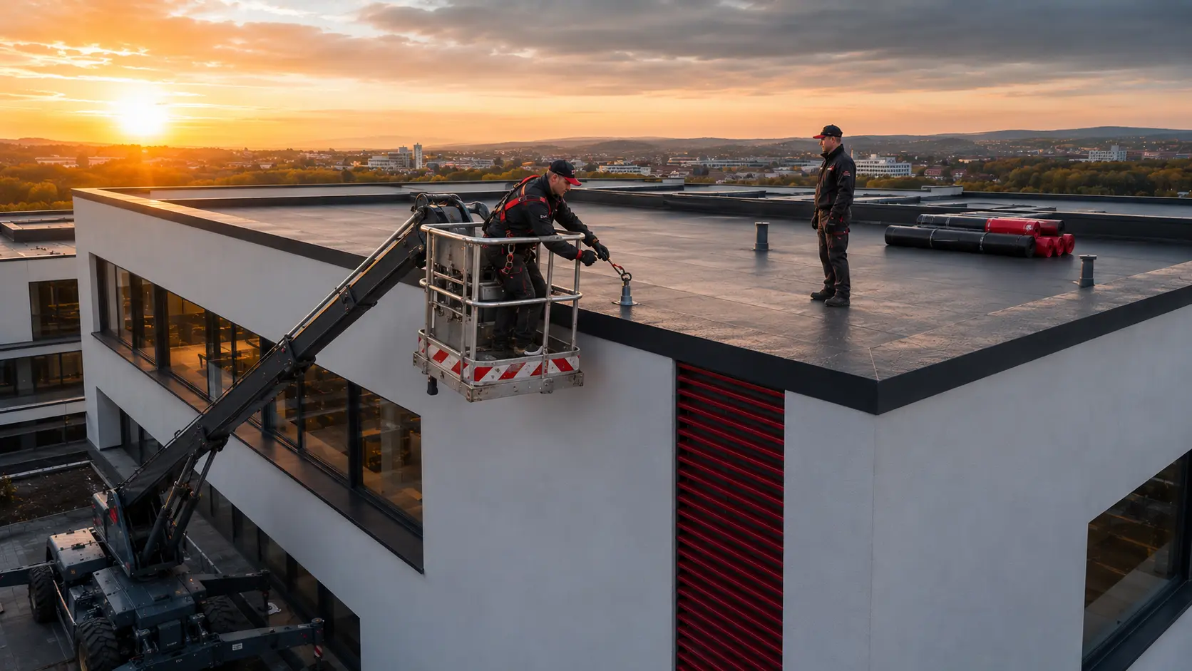 Kranarbeiten an der Dachkante eines Gewerbebaus im Abendlicht