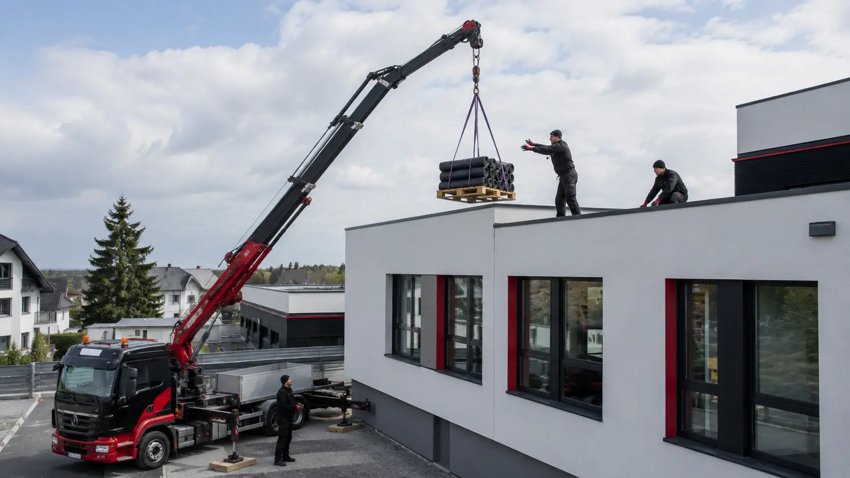 Ladekran hebt eine Palette Bitumenrollen über die Attika auf eine Flachdachbaustelle