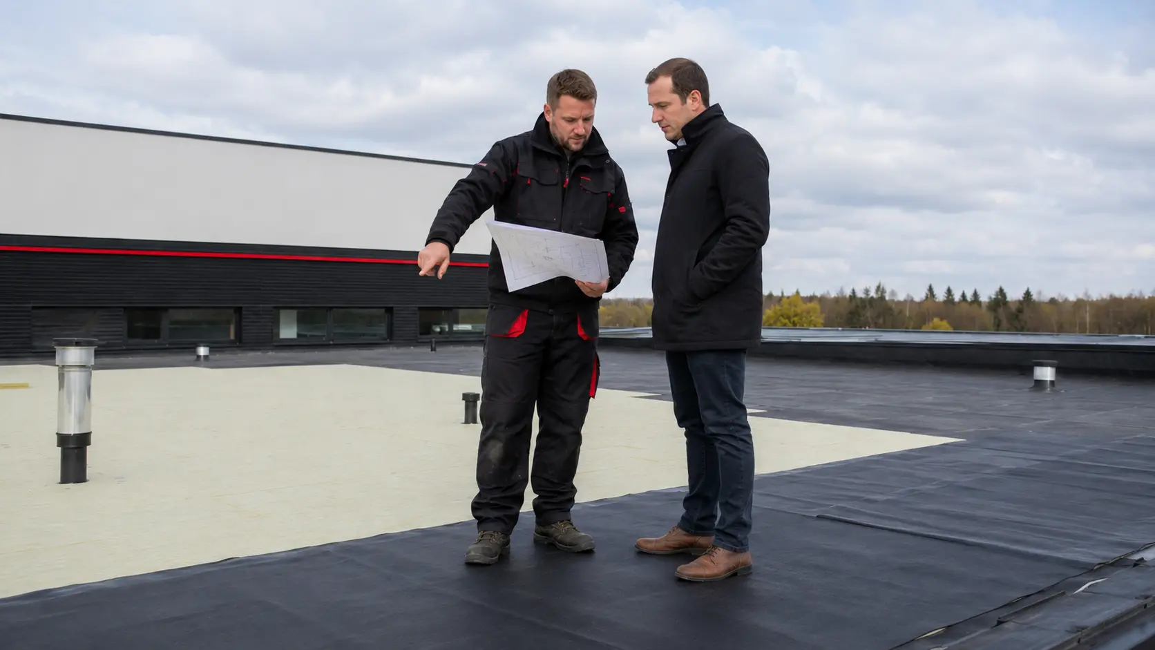 Bauleiter der Rossi GmbH bespricht mit dem Auftraggeber den Dachaufbau anhand des Plans